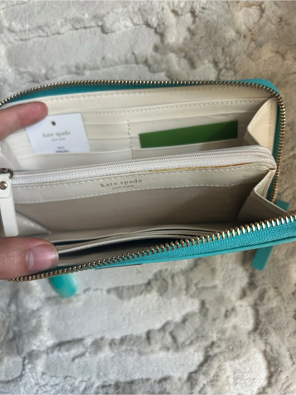 Kate Spade Lacey Teal Zip Wallet Gold Cardholder and j. Crew Turquoise Earrings